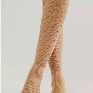 Free people multi color rhinestone cream mesh tights